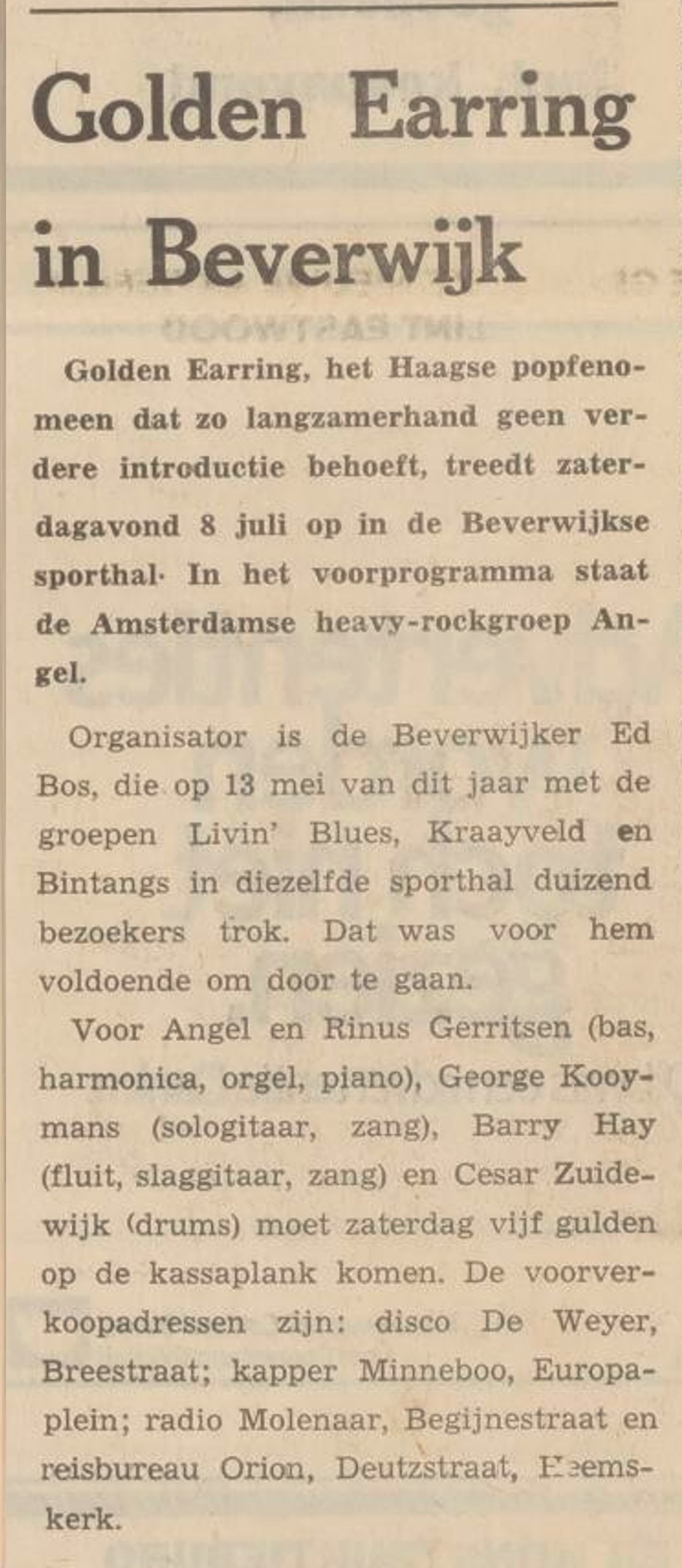 Golden Earring in Beverwijk newspaper article Beverwijk show July 08 1972